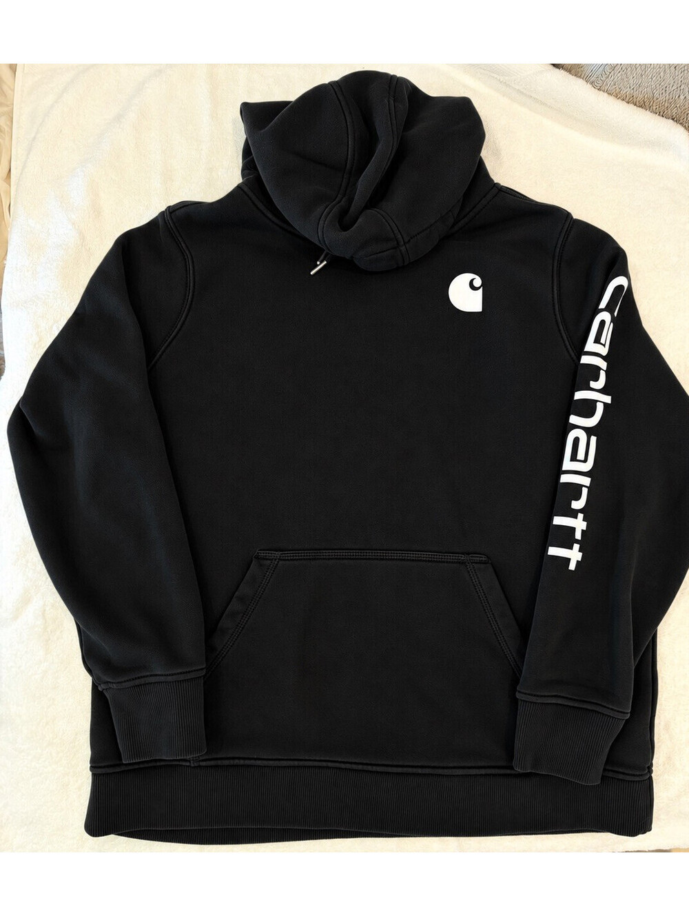 Carhartt Men's Black Pullover Fleece Hoodie Front Pocket Logo Sleeve Graphic XL